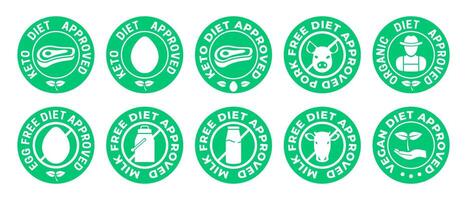 Keto Diät genehmigt, Schweinefleisch frei, organisch, Ei, Milch und vegan Symbol vektor
