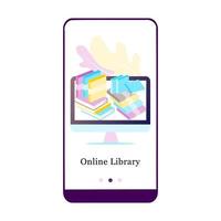 Online-Bibliothek, E-Book, Online-Literatur, Enzyklopädie, Onboarding-Bildschirm für die mobile App des Online-Buchladens. Menü-Vektor-Banner-Vorlage für Interface ux, ui-gui-Bildschirm mobile Entwicklung Illustration.