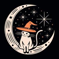 Katze Sitzung auf Mond tragen ein Hexe Hut witchy Katze Illustration schwarz und Orange Abonnieren und Hexenkern ästhetisch süß Halloween druckbar Schnitt Datei vektor