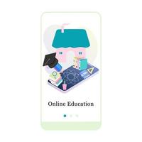 Online-Bildung, E-Learning, Onboarding-Bildschirm für mobile Online-Schulen. Menü-Vektor-Banner-Vorlage für Interface ux, ui-gui-Bildschirm mobile Entwicklung. Website-Design isometrische flache 3D-Darstellung. vektor