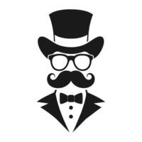 man hatt glasögon mustascher slips rosett svart logotyp herre logotyp hatt och rosett logotyp vektor