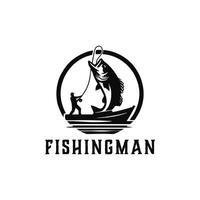 fiske sport logotyp illustration med stor fisk, fiske man med stor fisk vektor