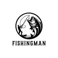 Angeln Sport Logo Illustration mit groß Fisch, Angeln Mann mit groß Fisch vektor