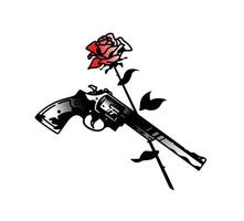 tätowieren Pistole Revolver und Rosen. Tod und Liebe. Hipster Tätowierung. das Stil von das alt amerikanisch Schule. Bild ist isoliert auf ein Weiß Hintergrund. Gliederung Zeichnung. vektor