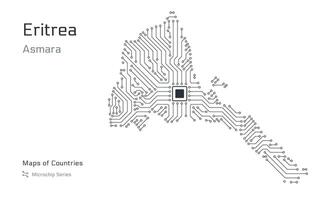 eritrea Karta med en huvudstad av asmara visad i en mikrochip mönster med processor. e-förvaltning. värld länder Kartor. mikrochip serier vektor