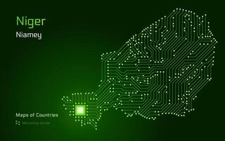 niger Karta med en huvudstad av niamey visad i en mikrochip mönster med processor. e-förvaltning. värld länder Kartor. mikrochip serier vektor