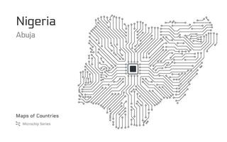 Nigeria Karte mit ein Hauptstadt von Abuja gezeigt im ein Mikrochip Muster mit Prozessor. E-Government. Welt Länder Karten. Mikrochip Serie vektor