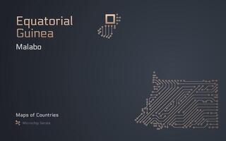 ekvatorial guinea Karta med en huvudstad av malabo stad visad i en mikrochip mönster med processor. e-förvaltning. värld länder Kartor. mikrochip serier vektor