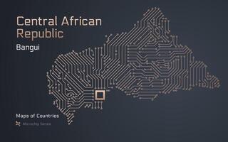 zentral afrikanisch Republik Karte mit ein Hauptstadt von bangui gezeigt im ein Mikrochip Muster mit Prozessor. E-Government. Welt Länder Karten. Mikrochip Serie vektor