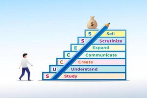 illustration av människor startande till klättra de trappa mot en säck av pengar med de akronym Framgång på varje steg vektor