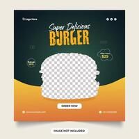 burger social media posta. mat meny utsökt hamburgare. särskild burger befordran mall mörk snabb mat baner med tomat skiva faller mat social media befordran posta design mall vektor