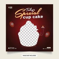 Kuchen Poster Verkauf Sozial Medien Beförderung und instagram Banner.Cupcake Sozial Medien Post. Besondere Cupcake Sozial Medien Banner. Dessert Vorlage mit ein dunkel rot Hintergrund. köstlich Dessert Flyer. vektor