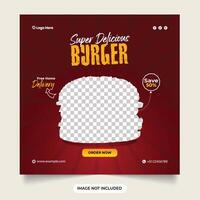 Burger Sozial Medien Post. Essen Speisekarte köstlich Burger. Besondere Burger Beförderung Vorlage dunkel schnell Essen Banner mit Tomate Scheibe fallen Essen Sozial Medien Beförderung Post Design Vorlage vektor