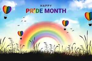 HBTQ stolthet månad baner begrepp med regnbåge sommar solig himmel med fallskärm vektor