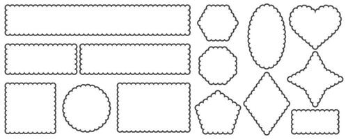 Jakobsmuschel Kante rahmen. Rechteck und Kreis Gliederung Formen. Platz Rand mit Spitze Muster. Oval Krause süß Kasten. geometrisch wellig Aufkleber und Kringel Jahrgang Etiketten. vektor