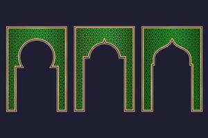 ramadan islamic båge ram med prydnad. muslim traditionell dörr illustration för bröllop inbjudan posta och mallar. gyllene och grön ramar i orientalisk stil. persisk fönster former uppsättning. vektor