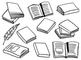 Gekritzel einstellen von anders schwarz Bücher im ein linear Stil. ein handgemalt Zeichnung von anders Variationen von Bücher. vektor