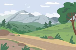 frodig grön ängar med bergen och en väg. illustration i platt stil vektor