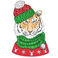 handgezeichnetes Porträt eines Neujahrstigers in einem Schal, einer Strickmütze und einem roten Pullover mit Rentieren und Schneeflocken. Vektor-Illustration. Vintage-Linienskizze. Weihnachtsillustration. Tiger in Kleidung. vektor
