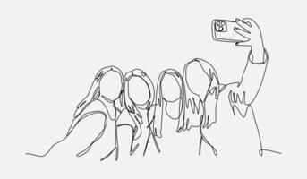 vier freunde nehmen ein Selfie zusammen mit ein Smartphone. schön jung Teenager Mädchen. editierbar Schlaganfall. Grafik Illustration. vektor