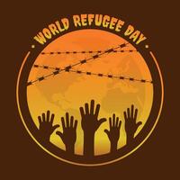 värld flykting dag affisch med många händer be för hjälp vektor