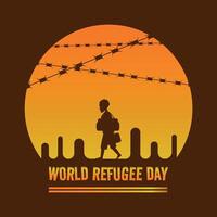 värld flykting dag affisch med en man gående ensam på solnedgång vektor