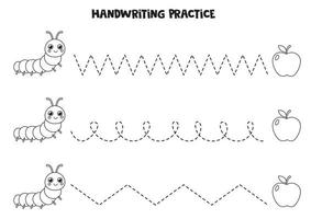 Tracing-Linien mit süßer Raupe und Apfel. Schreiberfahrung. vektor