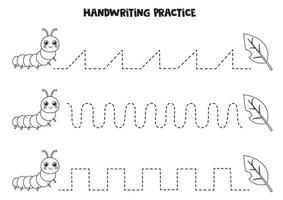 Spurenlinien mit süßer Raupe und Blättern. Schreiberfahrung. vektor