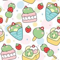 nahtlos Muster von süß Frosch Dessert und Süss Bäckerei Konzept auf Weiß hintergrund.eis Sahne, Crêpe, Honig Toast, Erdbeere. Reptil Tier Charakter Cartoon.kawaii.Illustration. vektor