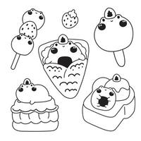 Färbung Seite.Malerei Buch zum Kind.süß Frosch Dessert und Süss Bäckerei Konzept.Eis Sahne, Crêpe, Honig Toast, Erdbeere. Reptil Tier Charakter Cartoon.Schule Schüler.Kinderzimmer.Kawaii.Illustration vektor