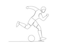 kontinuierlich Single Linie Zeichnung von das Fußball Spieler läuft nach das Ball bestanden durch seine Team. Fußbal Turnier Veranstaltung . Design Illustration vektor