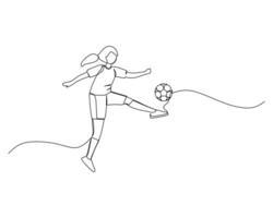 kontinuierlich Single Linie Zeichnung von weiblich Fußball Spieler treten das Ball. Fußbal Turnier Veranstaltung Design Illustration vektor