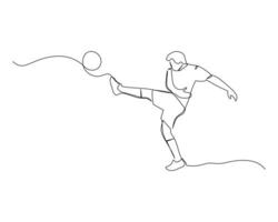 kontinuierlich Single Linie Zeichnung von Fußball Spieler Wer erhöht seine Bein hoch nach treten das Ball. Fußbal Turnier Veranstaltung . Design Illustration vektor