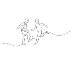 kontinuierlich Single Linie Zeichnung von zwei Fußball Spieler sind Ausbildung zusammen, einer ist üben Dribbling und das andere ist tun physisch Ausbildung. Fußbal Turnier Veranstaltung . Design Illustration vektor