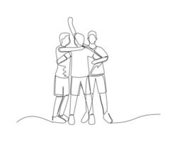 kontinuierlich Single Linie Zeichnung von mehrere Fußball Spieler versammelt zu feiern ein Ziel. Fußbal Turnier Veranstaltung Design Illustration vektor