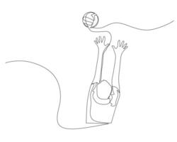 kontinuierlich Single Linie Zeichnung von zurück Aussicht von ein männlich Volleyball Spieler versuchen zu Block das des Gegners Ball. Volleyball Turnier Veranstaltung . Design Illustration vektor
