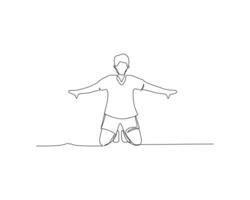 kontinuierlich Single Linie Zeichnung von Vorderseite Aussicht von Fußball Spieler feiern nach Wertung ein Ziel. Fußbal Turnier Veranstaltung Design Illustration vektor
