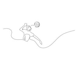 kontinuierlich Single Linie Zeichnung von männlich Volleyball Spieler Treffer das Volleyball hart. Volleyball Turnier Veranstaltung . Design Illustration vektor