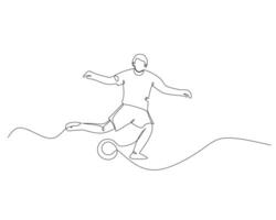 kontinuierlich Single Linie Zeichnung von Fußball Spieler werden trete das Ball gegenüber das Ziel. Fußbal Turnier Veranstaltung . Design Illustration vektor