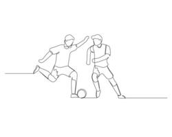 kontinuierlich Single Linie Zeichnung von zwei Fußball Spieler sind üben Fußball zusammen. Fußbal Turnier Veranstaltung Design Illustration vektor