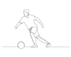 kontinuierlich Single Linie Zeichnung von ein Fußball Spieler ist Dribbling das Ball gegenüber das des Gegners Ziel. Fußbal Turnier Veranstaltung . Design Illustration vektor