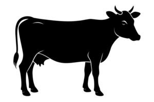 silhuett av svart ko med horn i profil se. bruka djur, boskap, lantbruk, lantlig begrepp. svart silhuett isolerat på vit bakgrund. vektor