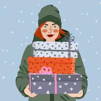 Ingwer Mädchen mit Geschenkboxen Vektor-Illustration in handgezeichneten Cartoon-Stil. junge Frau mit Geschenken. Weihnachten und guten Rutsch ins neue Jahr-Konzept. modische Retro-Stil-Vorlage für Karte und Web. vektor