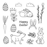 Satz von Frohe Ostern-Design-Elementen. Kaninchen, Eier, Weiden, Blumen, Karotten, Wolken vektor