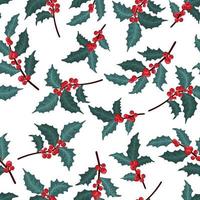 seamless mönster med vinter växter, holly berry, rönn grenar. festlig amerikansk traditionell utsmyckad för nyår, jul. handritad vektorillustration för omslagspapper, textiltryck vektor