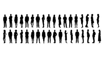 silhuetter av människor arbetssätt grupp uppsättning illustration svart och vit. person affärsman och kvinna vuxen. team arbete gemenskap isolerat form horisontell samling profil vektor