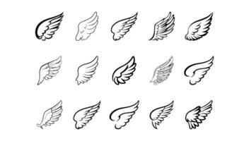 vingar samling svart och vit illustration. ängel tatuering uppsättning emblem. tatuering grafisk silhuett dekorativ ikon. frihet abstrakt teckning tecken djur- vektor