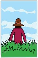 Illustration von ein Mann tragen ein Hut im ein grasig Feld. Illustration von ein Vogelscheuche mit ein Stroh Hut zu Station aus Vögel. Grafik Design Element vektor