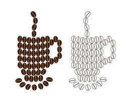 kaffe koppar tillverkad av kaffe bönor stiliserade muggar med fat och ånga uppsättning av 2 logotyp klistermärke ikon aning vektor