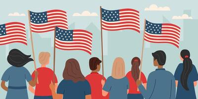 minnesmärke dag och oberoende dag begrepp. demonstration begrepp. människor med amerikan flaggor vände sig tillbaka. hand dragen platt illustration. vektor